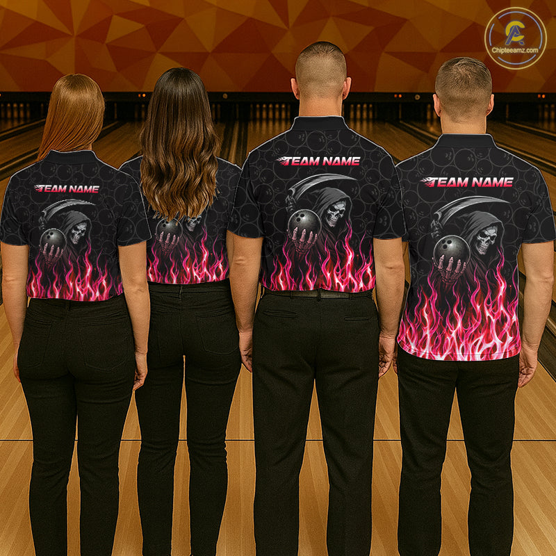Custom Red Fire Flame Grim Reaper Skull Bowling Menpolo & 1/4 Quarter Zip Shirt, Halloween Outfit NBT902