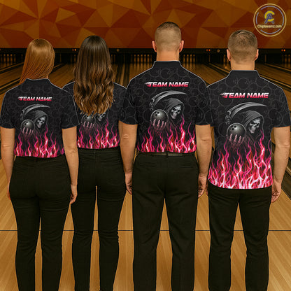 Custom Red Fire Flame Grim Reaper Skull Bowling Women polo & 1/4 Quarter Zip Shirt, Halloween Outfit NBT902