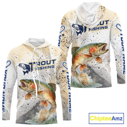 Rainbow Trout Fishing Shirt Long Sleeve Hooded Gray Beige Camo, Trout UPF Fishing Shirts NBT414