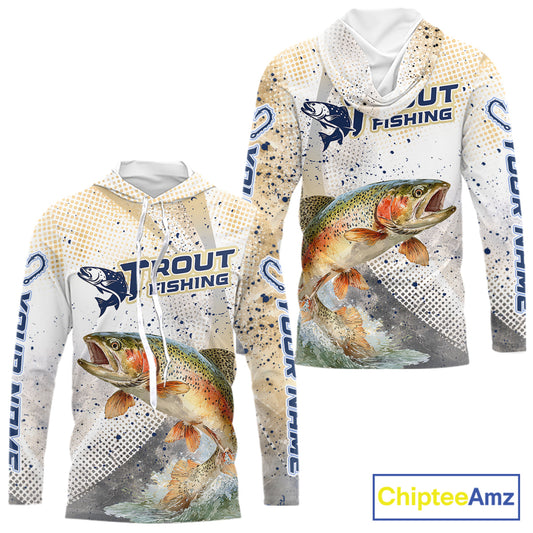Rainbow Trout Fishing Shirt Long Sleeve Hooded Gray Beige Camo, Trout UPF Fishing Shirts NBT414