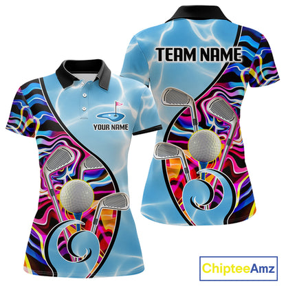 Womens Golf Polo Shirt Holographic Marble Golf Pattern For Team, Golf Attire For Women|Blue NBT724