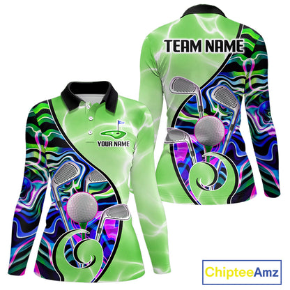 Womens Golf Polo Shirt Holographic Marble Golf Pattern For Team, Golf Attire For Women|Green NBT725