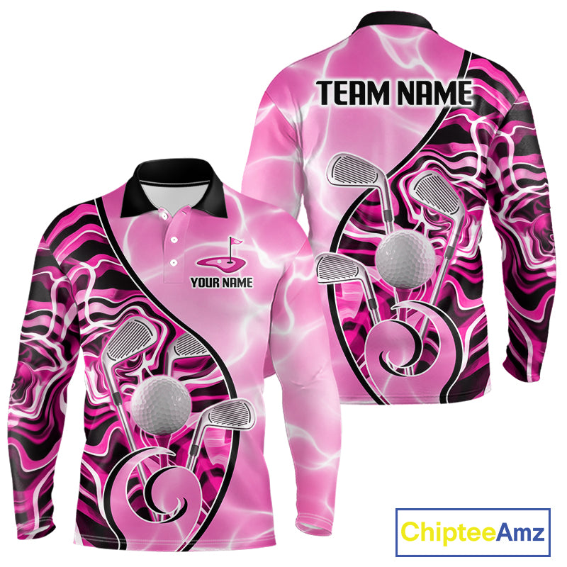 Mens Golf Polo Shirt Holographic Marble Golf Pattern For Team, Golf Attire For Men|Pink NBT726