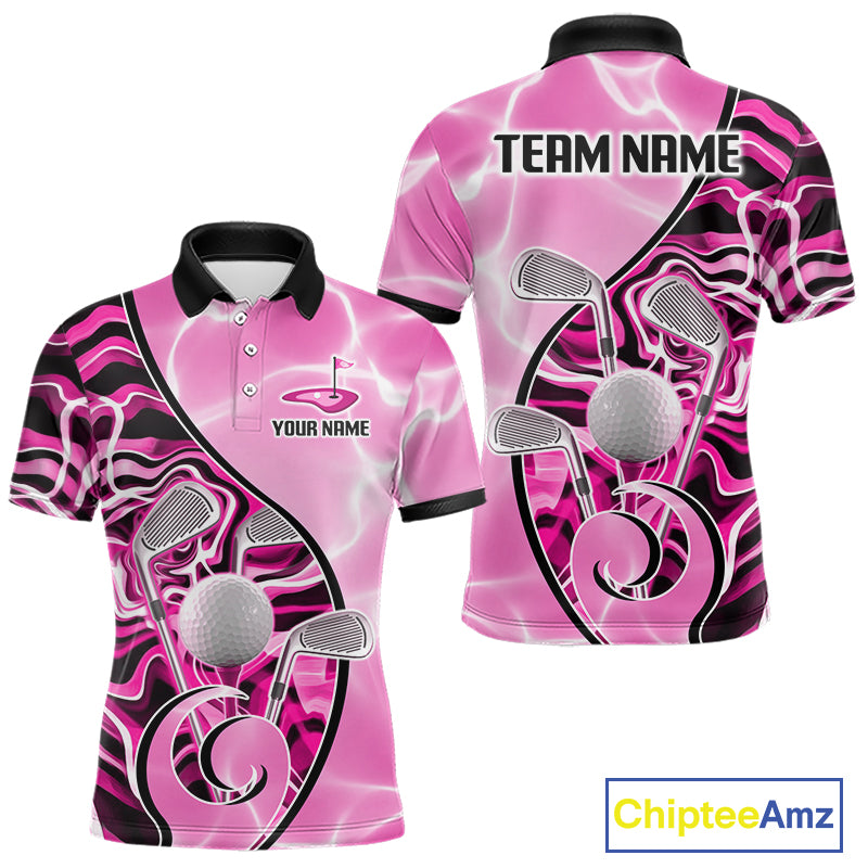 Mens Golf Polo Shirt Holographic Marble Golf Pattern For Team, Golf Attire For Men|Pink NBT726