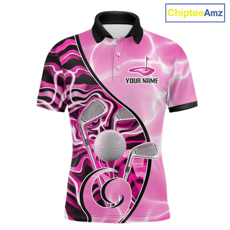 Mens Golf Polo Shirt Holographic Marble Golf Pattern For Team, Golf Attire For Men|Pink NBT726