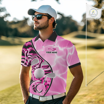 Mens Golf Polo Shirt Holographic Marble Golf Pattern For Team, Golf Attire For Men|Pink NBT726