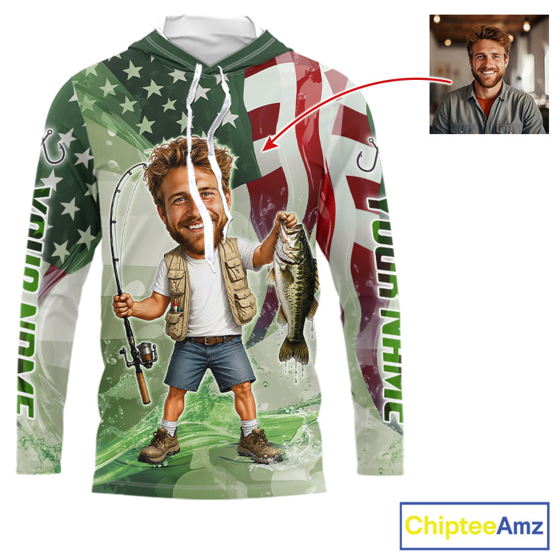 Custom Photo Funny Bass Long Sleeve Hooded Fishing Shirts American Flag For Men, Funny Bass Fishing Team|Green NBT731