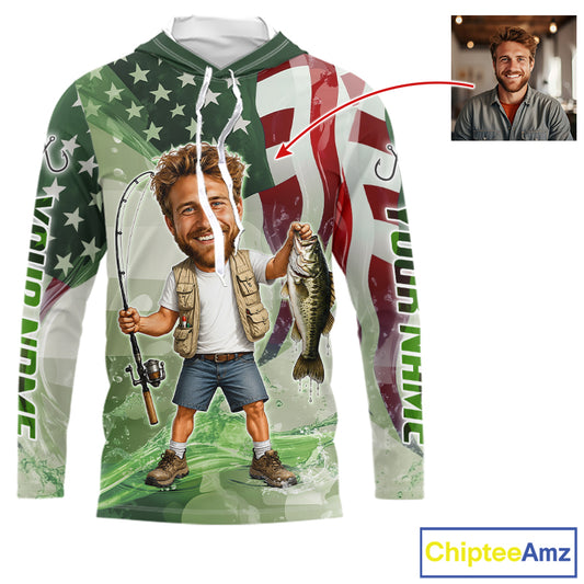 Custom Photo Funny Bass Long Sleeve Hooded Fishing Shirts American Flag For Men, Funny Bass Fishing Team|Green NBT731