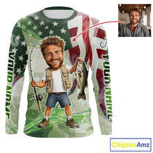 Load image into Gallery viewer, Custom Photo Funny Bass Fishing Shirts Long Sleeve American Flag For Men, Funny Bass Fishing Team|Green NBT731