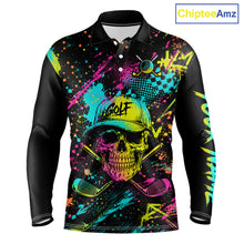 Load image into Gallery viewer, Golf Skull Graffiti Mens Golf Polo Shirt front view - streetwear skull graffiti design, breathable polyester fabric, long sleeve Polo tailored fit, custom team shirt