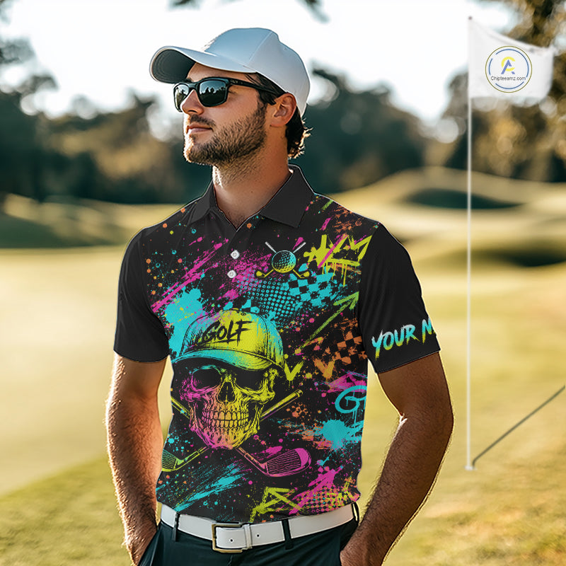 Man wearing Golf Skull Graffiti Golf Polo Shirt on golf course, streetwear skull graffiti design, tailored fit breathable polyester, custom team shirt