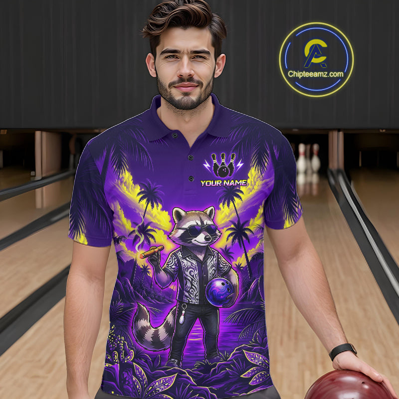 Funny Cool Raccoon Bowling Ball Shirt For Men Custom Blue Tropical Team Jersey Bowling League NBT903