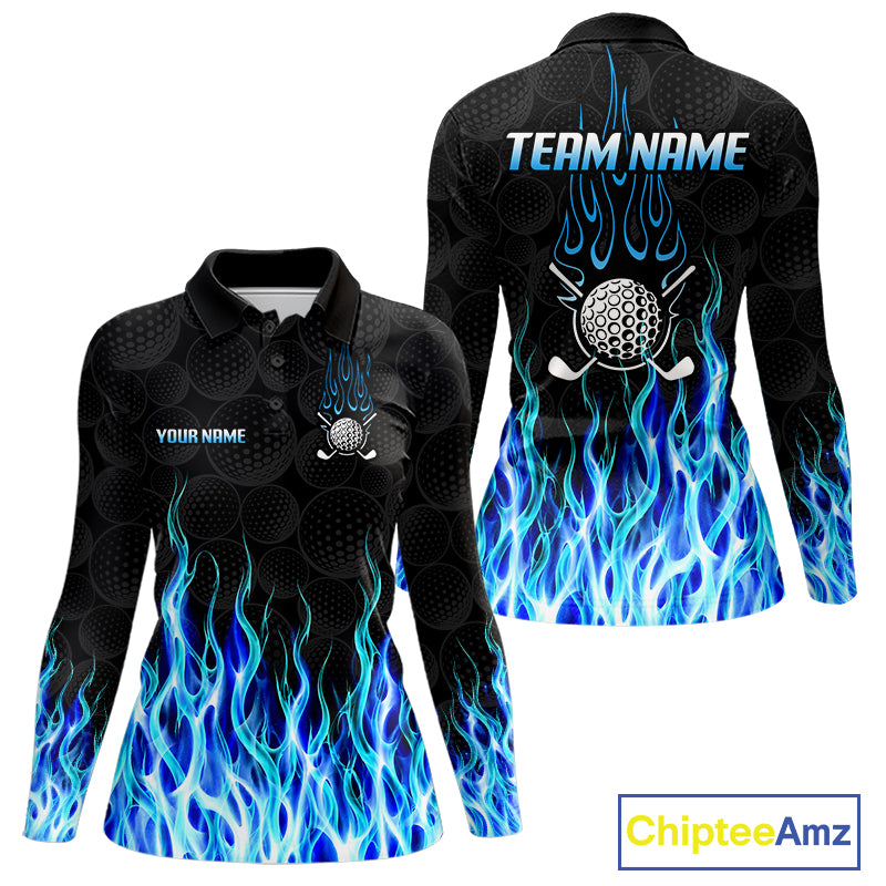 Golf Balls Blue Flame Pattern Womens Golf Polo Shirts Custom Name Golf Clothes For Women Golfing NBT830