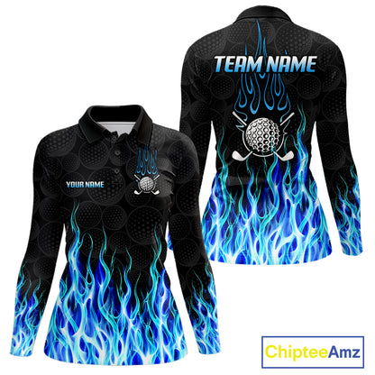 Golf Balls Blue Flame Pattern Womens Golf Polo Shirts Custom Name Golf Clothes For Women Golfing NBT830
