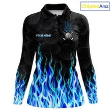 Load image into Gallery viewer, Golf Balls Blue Flame Pattern Womens Golf Polo Shirts Custom Name Golf Clothes For Women Golfing NBT830