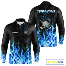 Load image into Gallery viewer, Mens long sleeve golf polo shirt blue flame pattern - front and back view, custom name available