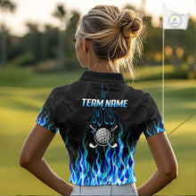 Load image into Gallery viewer, Model wearing golf polo shirt blue flame pattern, breathable cotton fabric on golf course