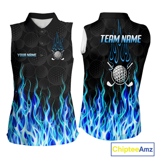 Womens sleeveless golf polo shirt front and back view, custom team name, tailored fit for perfect golf swing