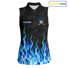 Load image into Gallery viewer, Womens sleeveless golf polo shirt turquoise flame pattern - front view, custom name available