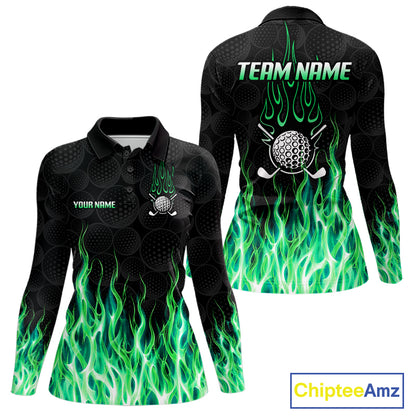 Womens long sleeve golf polo shirt front and back view, custom team name, tailored fit for perfect golf swing