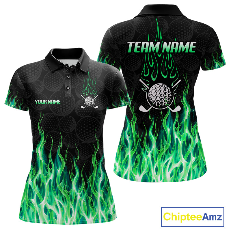 Womens golf polo shirt front and back view, custom team name, tailored fit for perfect golf swing