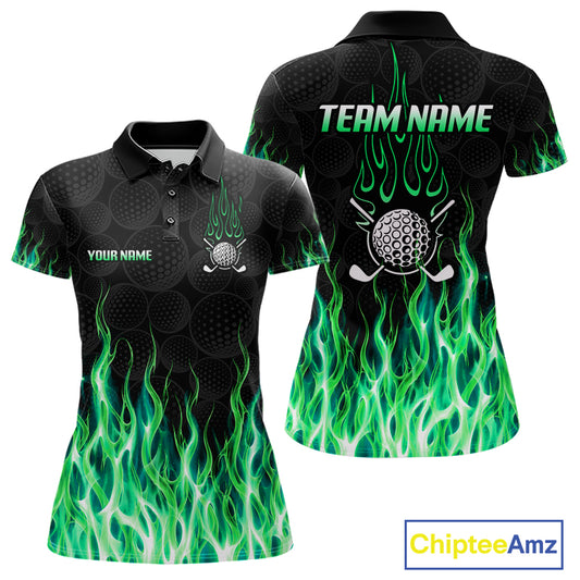 Womens golf polo shirt front and back view, custom team name, tailored fit for perfect golf swing