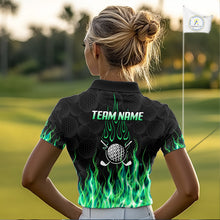 Load image into Gallery viewer, Model wearing golf polo shirt green flame pattern, breathable cotton fabric on golf course