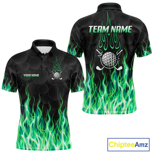 Mens golf polo shirt front and back view, custom team name, tailored fit for perfect golf swing