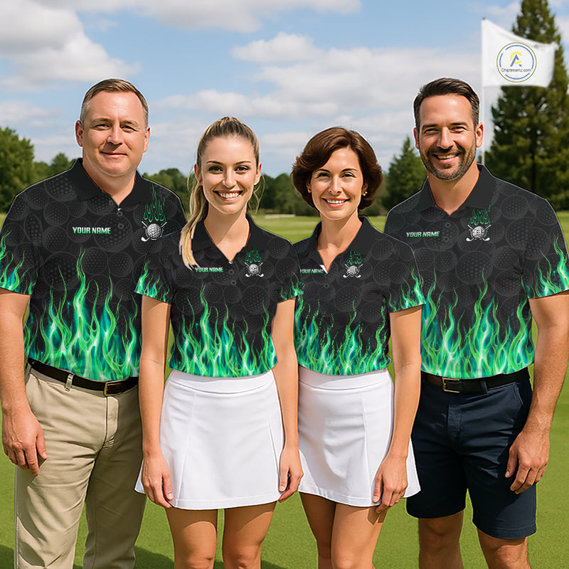 Golf team wearing matching green flame pattern polo shirts, custom name & team name, tailored fit