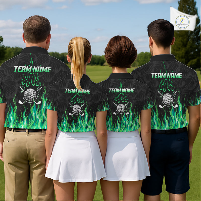 Golf team wearing matching blue flame pattern polo shirts, custom name & team name, tailored fit