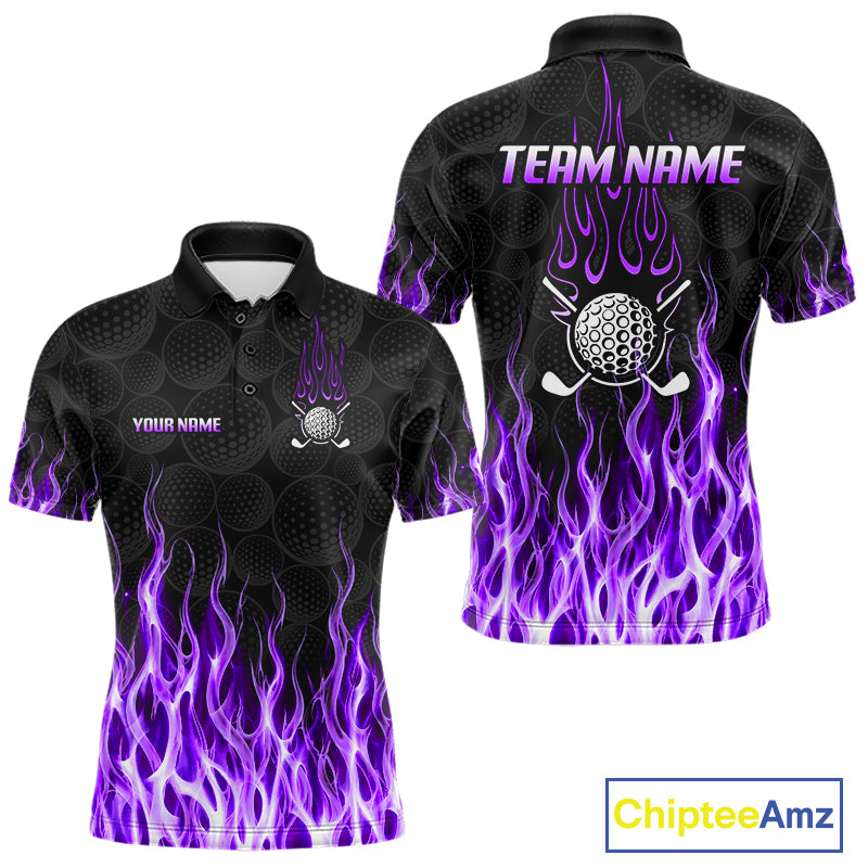 Mens golf polo shirt front and back view, custom team name, tailored fit for perfect golf swing