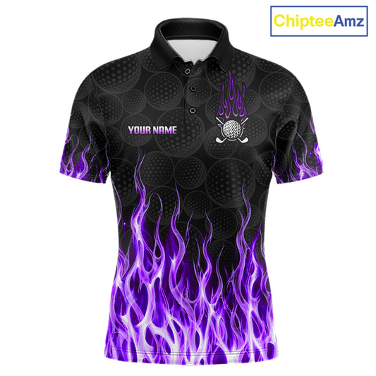 Mens golf polo shirt purple flame pattern - front view, custom name available