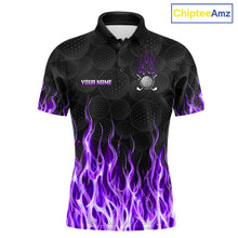 Load image into Gallery viewer, Mens golf polo shirt purple flame pattern - front view, custom name available