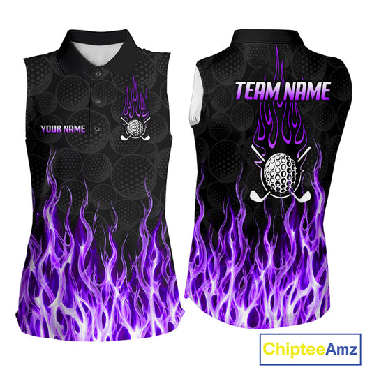 Womens sleeveless golf polo shirt front and back view, custom team name, tailored fit for perfect golf swing
