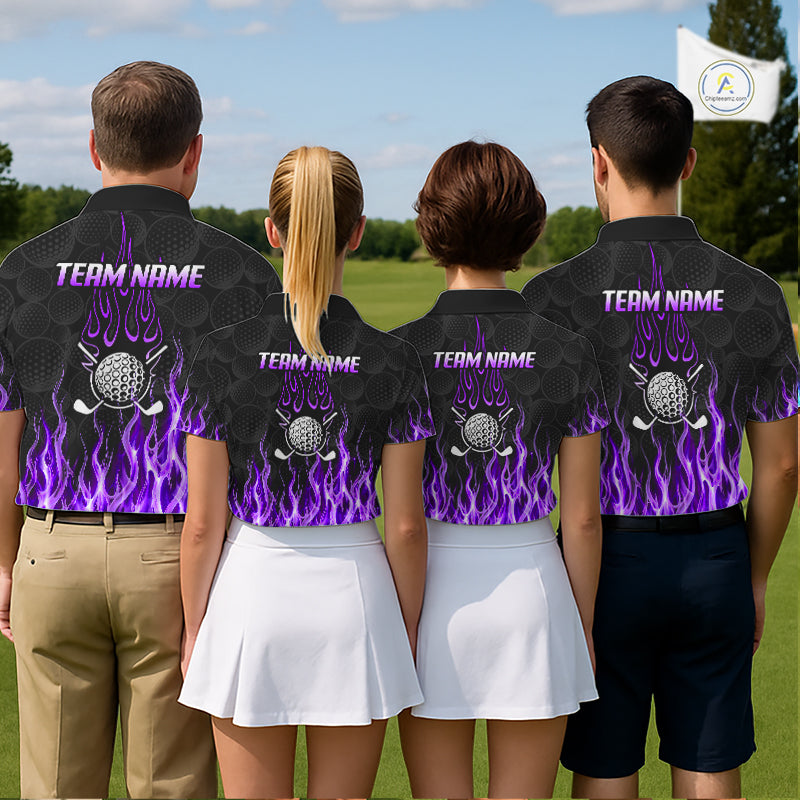 Golf team wearing matching purple flame pattern polo shirts, custom name & team name, tailored fit