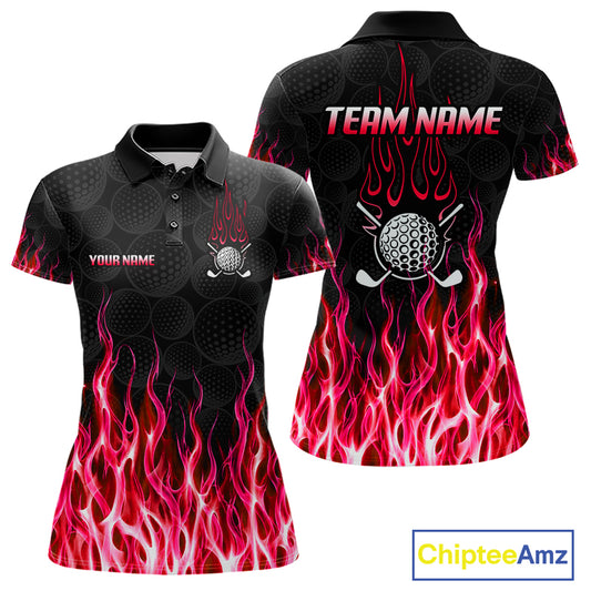Womens golf polo shirt front and back view, custom team name, tailored fit for perfect golf swing
