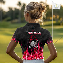 Load image into Gallery viewer, Model wearing golf polo shirt red flame pattern, breathable cotton fabric on golf course