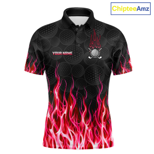 Mens golf polo shirt red flame pattern - front view, custom name available