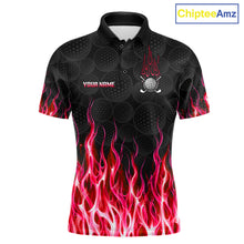 Load image into Gallery viewer, Mens golf polo shirt red flame pattern - front view, custom name available