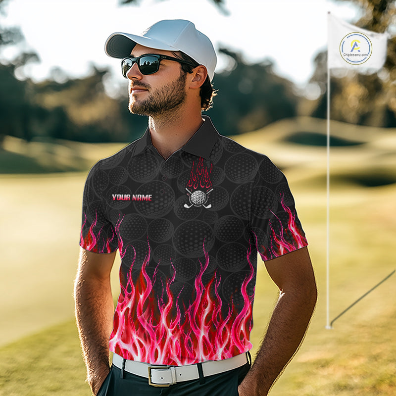 Model wearing golf polo shirt red flame pattern, breathable cotton fabric on golf course