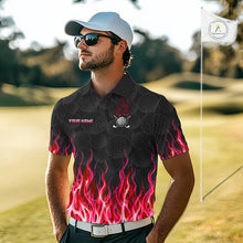Load image into Gallery viewer, Model wearing golf polo shirt red flame pattern, breathable cotton fabric on golf course