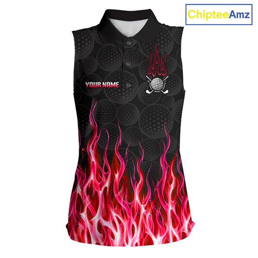 Womens sleeveless golf polo shirt red flame pattern - front view, custom name available