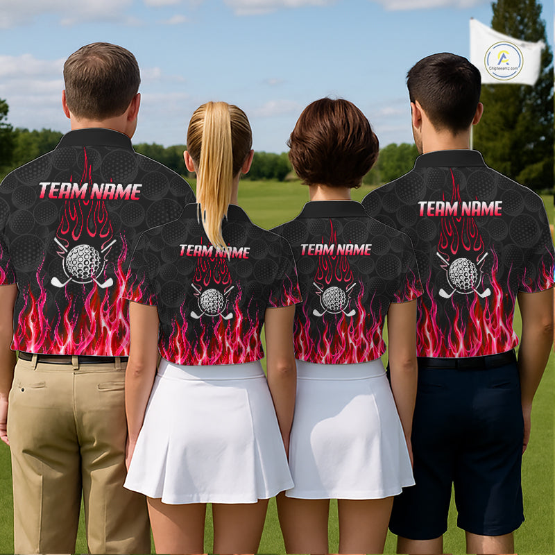 Golf team wearing matching red flame pattern polo shirts, custom name & team name, tailored fit