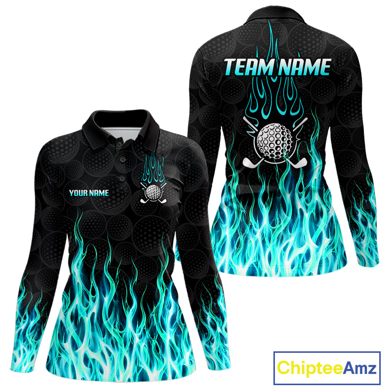 Womens long sleeve golf polo shirt front and back view, custom team name, tailored fit for perfect golf swing