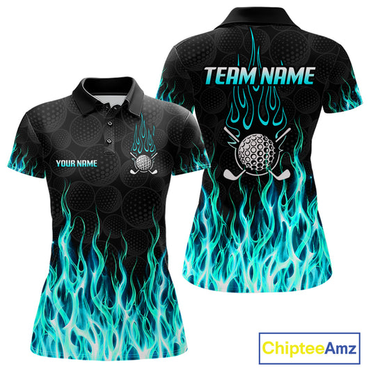 Womens golf polo shirt front and back view, custom team name, tailored fit for perfect golf swing