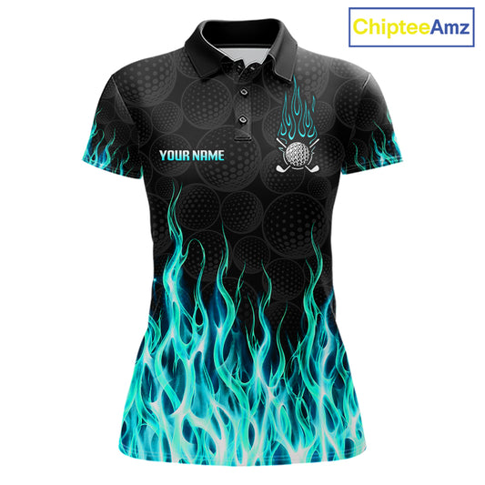 Womens long sleeve golf polo shirt turquoise flame pattern - front view, custom name available