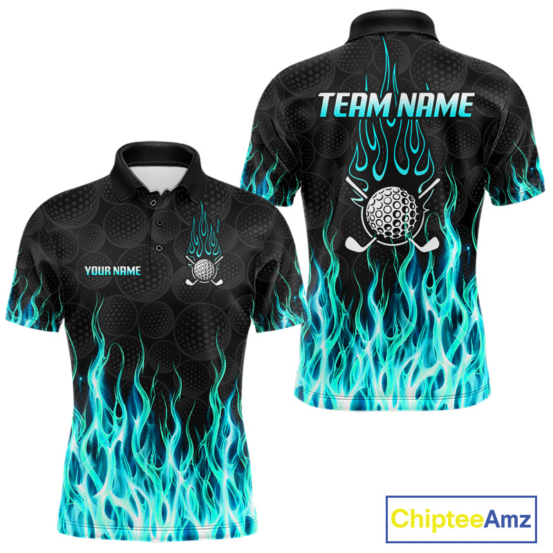 Mens golf polo shirt front and back view, custom team name, tailored fit for perfect golf swing