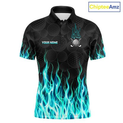 Mens golf polo shirt turquoise flame pattern - front view, custom name available
