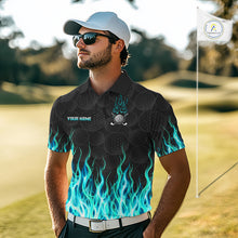 Load image into Gallery viewer, Model wearing golf polo shirt turquoise flame pattern, breathable cotton fabric on golf course