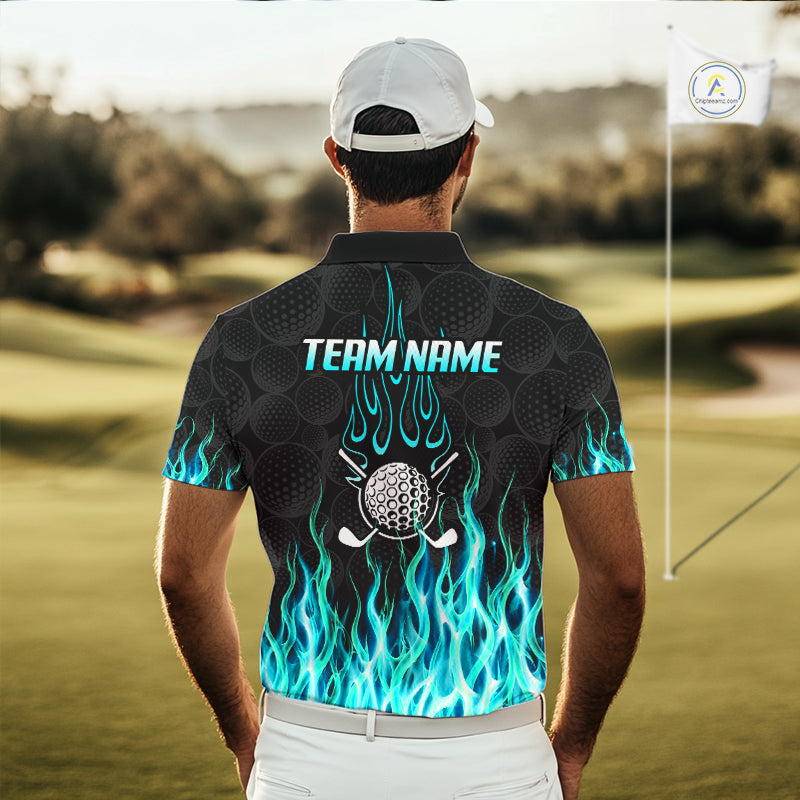 Model wearing golf polo shirt turquoise flame pattern, breathable cotton fabric on golf course